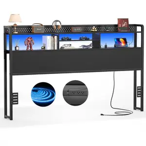 Headboard for King Size Bed with Storage Shelf, Head board with 3 Outlets and 2 USB Ports, Headboards with RGB LED Light, Height Adjustable unique  bedroom  furniture king  size  bed  frame