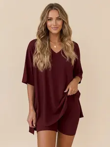 Women's 2-Piece Polyester-Spandex Activewear Set - Cute Chic Summer Casual V-Neck Oversized Tunic & High-Waist Bodycon Biker Shorts, Light Minimalist Gym Loungewear Streetwear Cap Tracksuit Fathers Day Gift Apparel