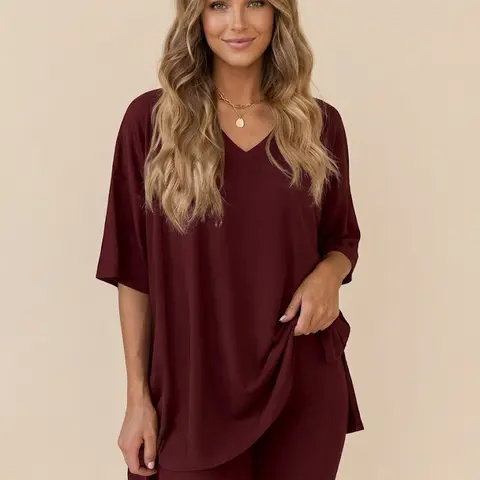 PHEFEE Women's 2-Piece Light Basic Chic Style Lounge Activewear Set - Casual Oversized V-Neck Half-Sleeve Polyester T-Shirt, High-Waist Biker Shorts, Soft Stretchy Solid Athleisure Clothes