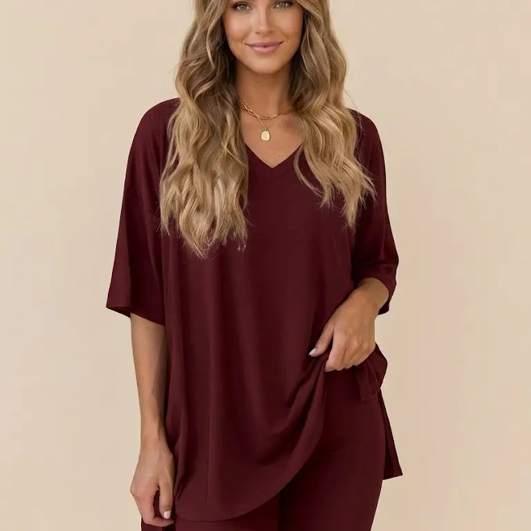 PHEFEE Women's 2-Piece Light Basic Chic Style Lounge Activewear Set - Casual Oversized V-Neck Half-Sleeve Polyester T-Shirt, High-Waist Biker Shorts, Soft Stretchy Solid Athleisure Clothes