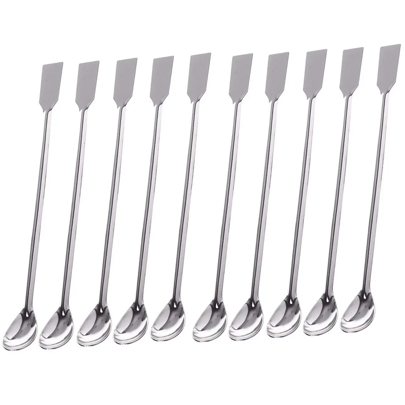 10PCS 2-in-1 Resistant Steel Lab Spoon Spatula Set Pack, Durable Reusable Stainless Steel Double-Sided Tool with Deep Cups for Laboratory Use, Kitchen Sampling & Mixing Cutlery, Bartending Essential Tool