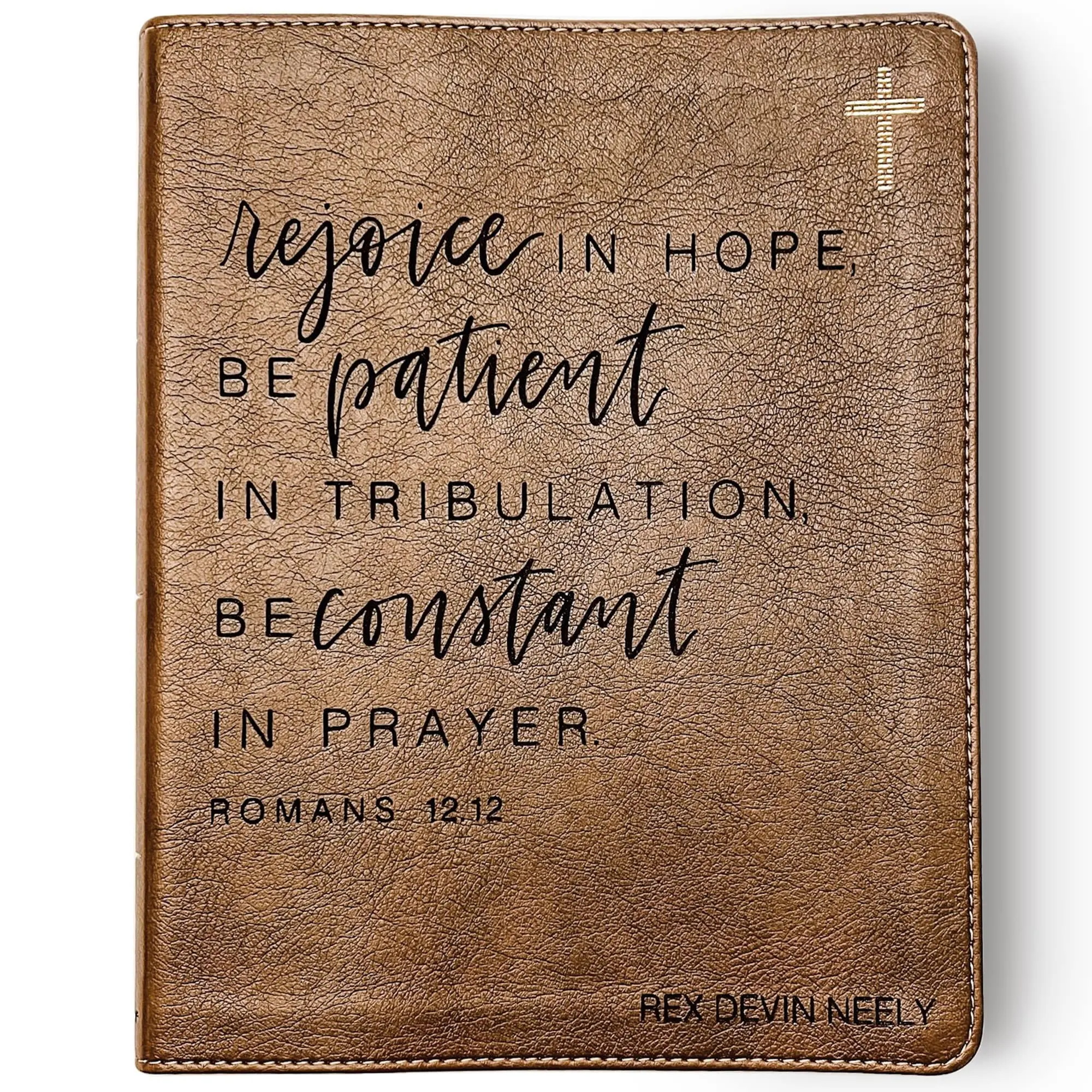 Personalized NIV Journaling Bible - Brown, Gold Cross - Rejoice in Hope - Hand Lettered and Engraved