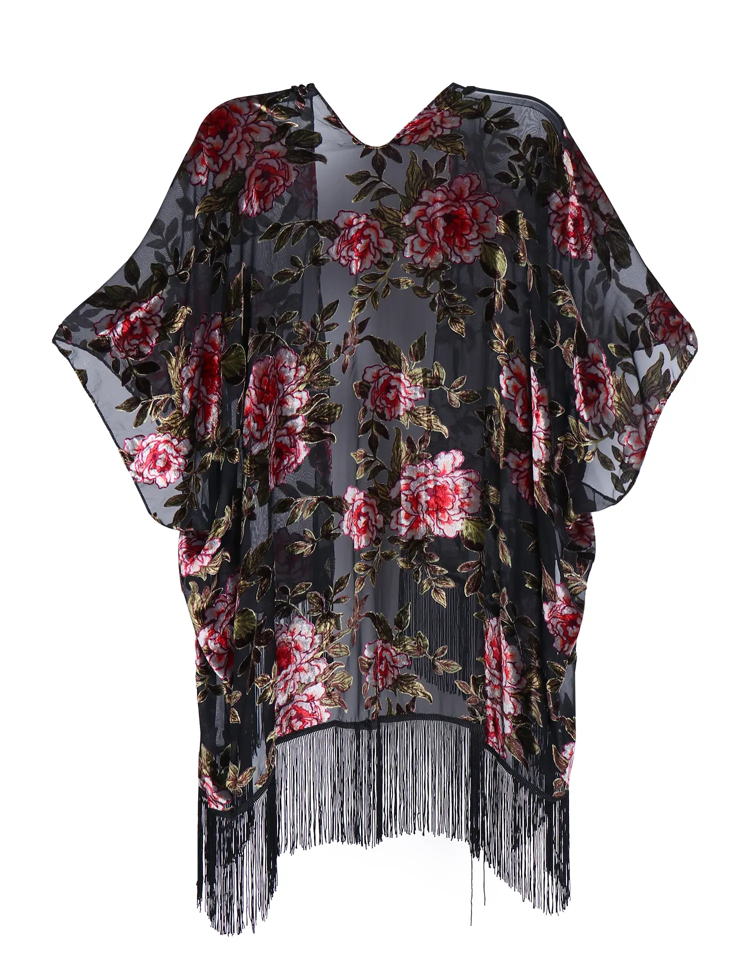WEHELLO Women's Burnout Velvet Kimono Cardigan with Tassel Floral Embroidery Black & Pink Vneck Cover Up for Casual Chic Outfits