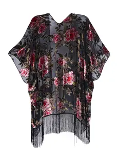 WEHELLO Women's Burnout Velvet Kimono Cardigan with Tassel Floral Embroidery Black & Pink Vneck Cover Up for Casual Chic Outfits
