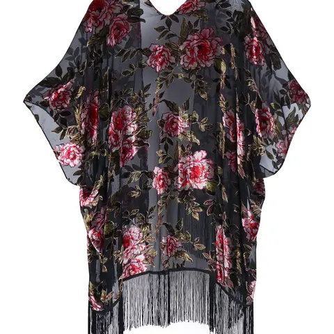 WEHELLO Lady's Chic Women's Velvet Burnout Kimono Cardigan Top - Soft Texture, V-Neck, Tassel Fringe, Floral Embroidery, Kimono Sleeves, Black & Pink Clothes for Women Cover Up for Casual Outfits & Daily Elegance, Hand Wash Only