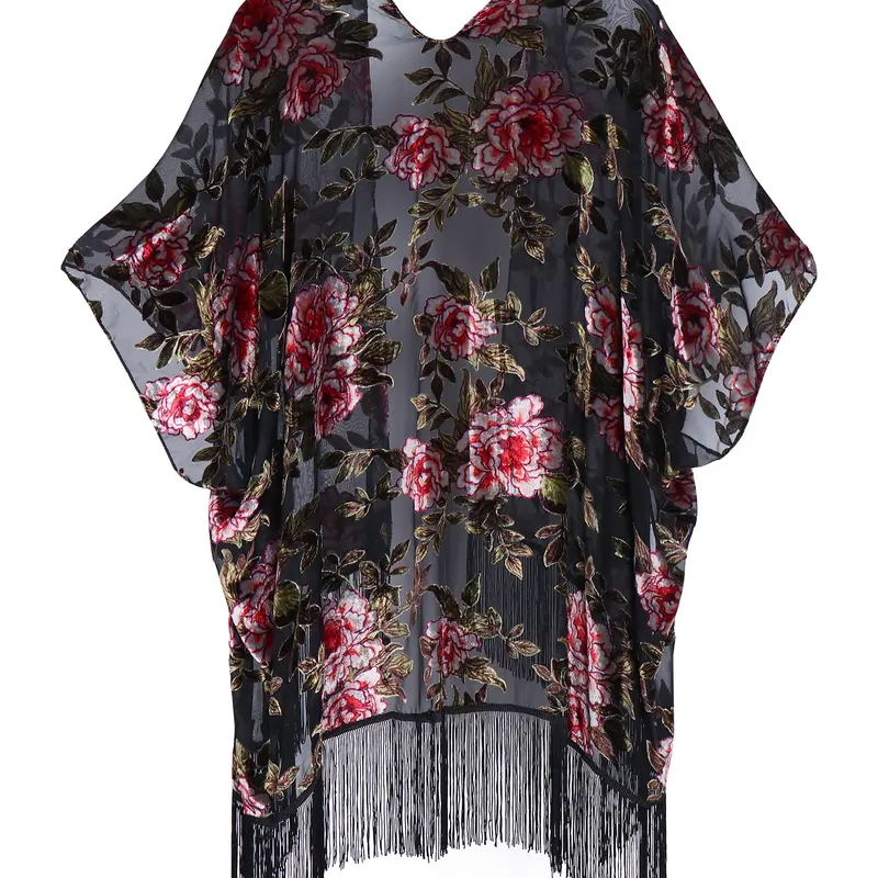 WEHELLO Lady's Chic Women's Velvet Burnout Kimono Cardigan Top - Soft Texture, V-Neck, Tassel Fringe, Floral Embroidery, Kimono Sleeves, Black & Pink Clothes for Women Cover Up for Casual Outfits & Daily Elegance, Hand Wash Only