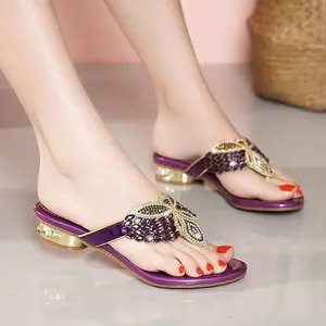 2025 New Rhinestone Slippers for Women Summer Outdoor Low Heel Bohemian Beach Sandals Flip-Flops Thong Sandals Red Girl