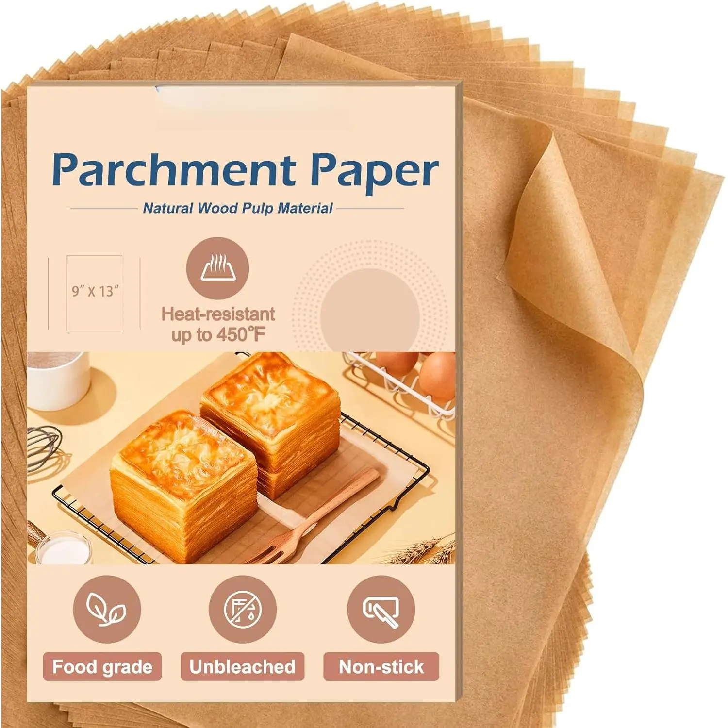 Unbleached Parchment Paper Baking Sheets, 9x13IN Precut Non-Stick Parchment Paper for Baking, Grilling, Air Fryer, Steaming-70 Sheets Unbleached Parchment Sheets for Bread Cup Cake Cookie And More