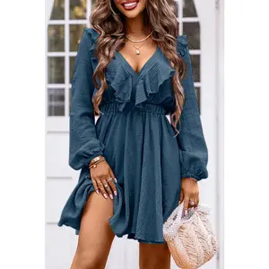 Blue Textured Ruffled V Neck High Waist Mini Dress