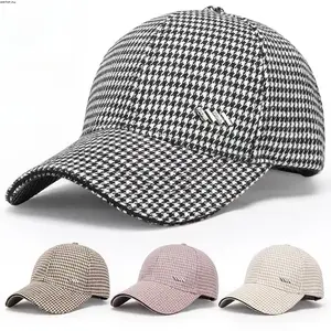 Women's Houndstooth Baseball Cap, Classic Plaid Wool Blend Dad Hat, Metal Strip Emblem Adjustable Cap for Fall, Winter & Casual Wear