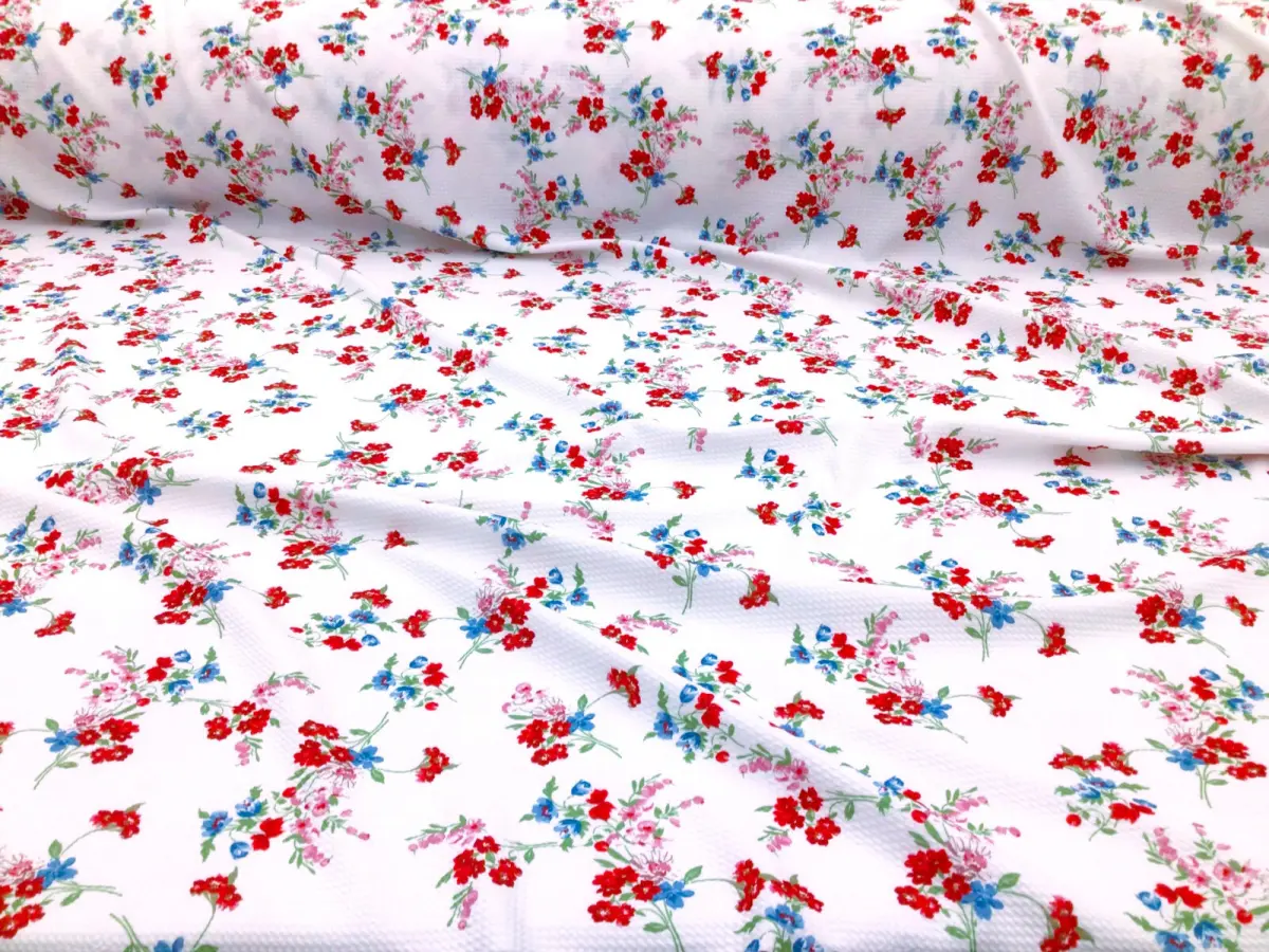Bullet Printed Liverpool Textured Fabric Stretch White Red Blue Green Floral V43