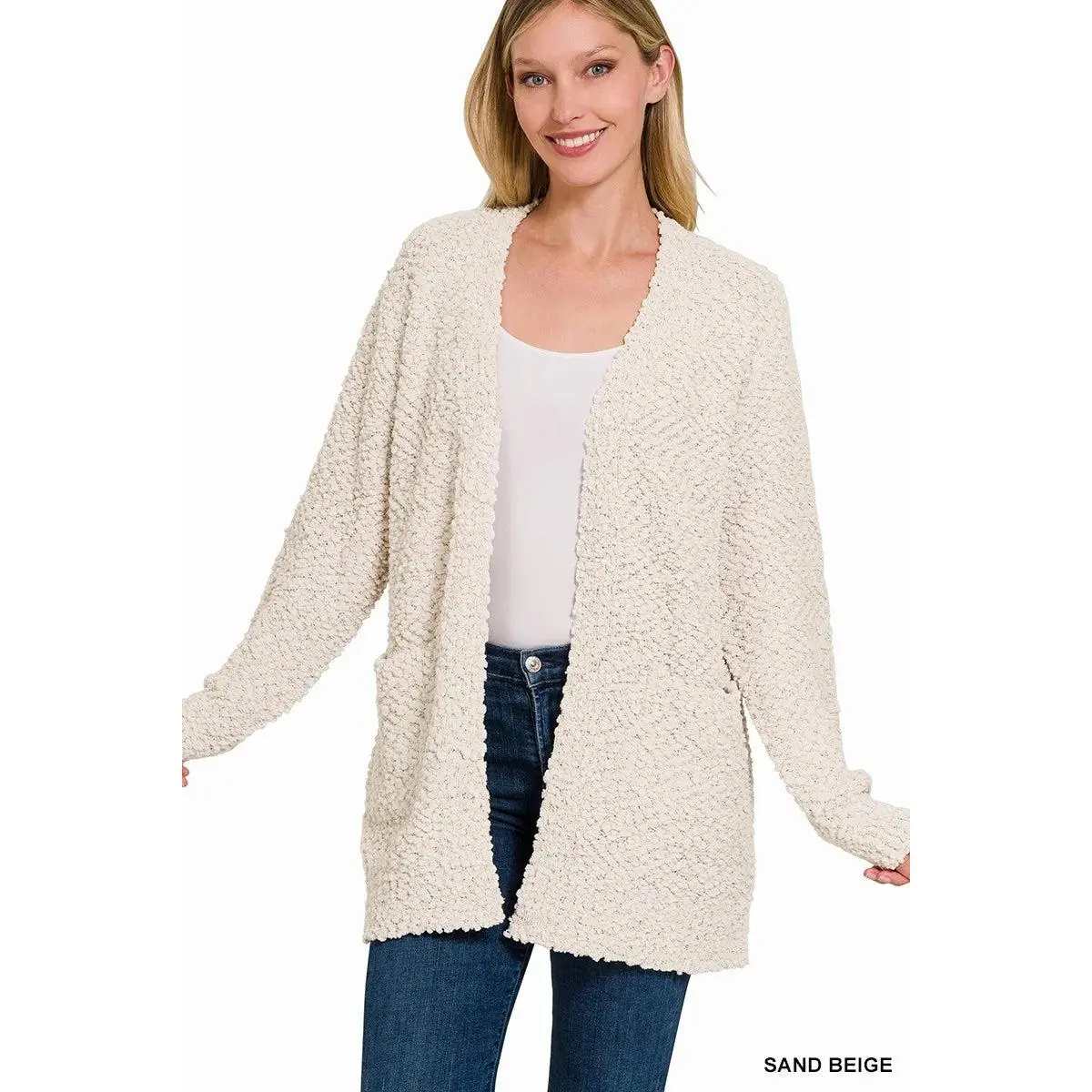 Beige Colored Long Sleeve Popcorn Sweater Cardigan with Pockets