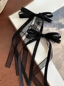 Elegant Lace Satin Ribbon Cut Out Bow Hair Clips, 2pcs Set, Stylish Hair Accessories for Women, Perfect for All Occasions