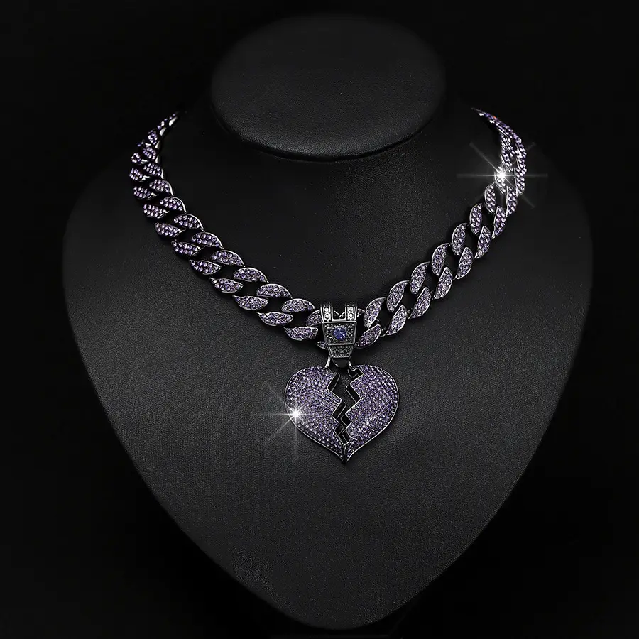 Iced Out Broken Heart Pendant Necklace Purple Rhinestone Cuban Link Chain Bling Hip Hop Jewelry Fashion Accessories for Men Women