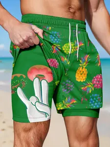Men's Double-Layer Anti-See-Through Beach Shorts, Colorful Pineapple Print Quick-Dry Swim Trunks, Elastic Drawstring Waist, Breathable Sporty Shorts