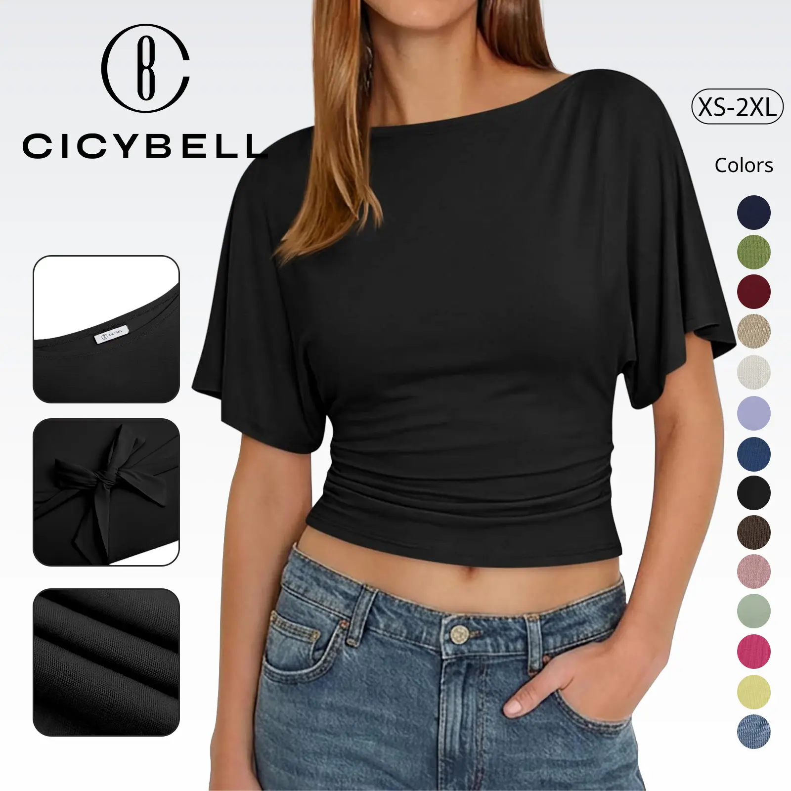 Cicy Bell Womens Summer Wrap Tops Casual Short Sleeve Tie Back Cinched Waist T Shirts Trendy Boat Neck Blouse