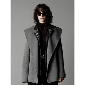 URBAN REVIVO Women's 2026 Winter Minimalist Basic Oversized Loose-Cut Collared Neck Long-Sleeve Wool-Blend Polyester Wrap-Front Casual Jacket Outerwear UWM150067