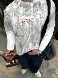 Men’s and women’s versions, Fitted, Casual Street style camouflage tree branch faux two-piece long-sleeve patchwork round-neck T-shirt, Spring and autumn collection, star-letter print, contrasting colors, collegiate style, streetwear, trendy, youthful