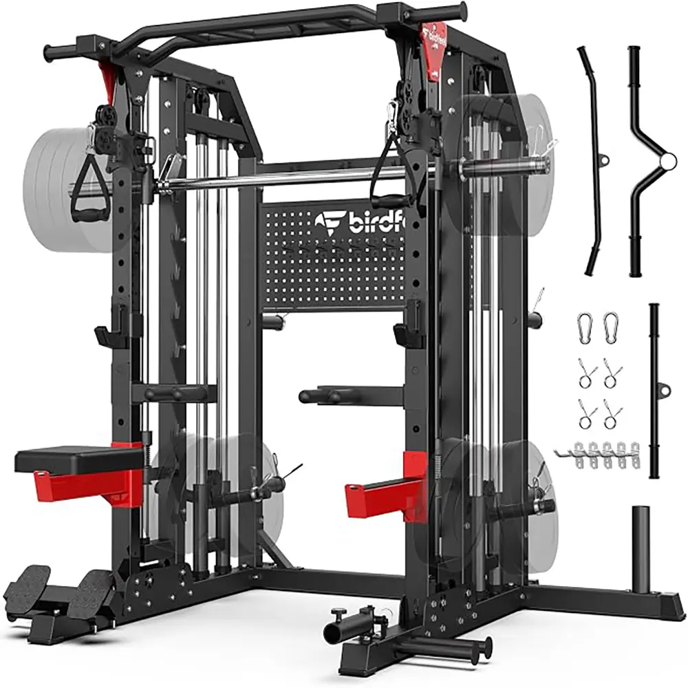 Multi-Function 2000LB Power Cage Smith Machine, Dual Pulley Cable Crossover | Home Gym Squat Rack Featuring LAT Pulldown, Power Rack with Olympic Bar & Strength Training Attachments, Pegboard
