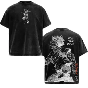 Men's Deku Izuku Midoriya My Hero Academia Oversize Vintage Washed Heavyweight Cotton T-shirt, Unisex Double Printed Crewneck Short-sleeve Streetwear Casual Top