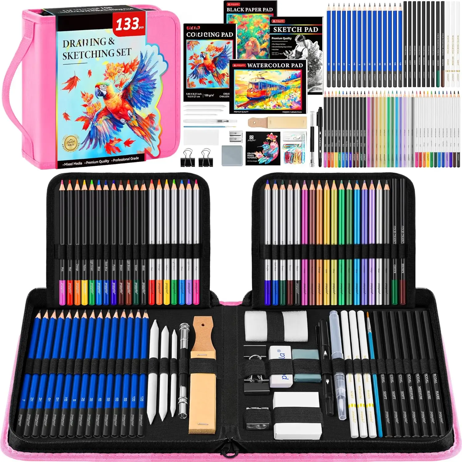 133 Pack Drawing Set Sketching Kit, Pro Art Supplies with Sketch Book, Coloring Book, Watercolor Pad, Black Paper Pad, Graphite Colored Charcoal Watercolor & Metallic Pencils, for Artists Adults