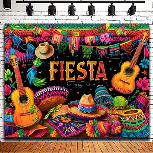 2D Flat  Vibrant Mexican Carnival Photography Background - Fun Cactus & Guitar Props - Perfect for Festive Birthday Parties,tapestry