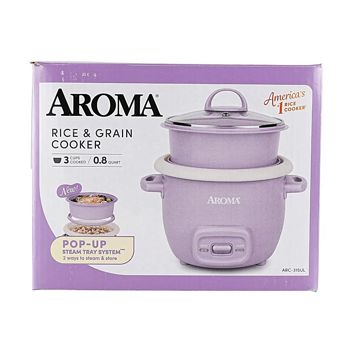 AROMA 3-Cup Mini Rice Cooker with Pop-Up Steamer Basket - 0.8QT Compact Electric Cooker for Rice, Steaming Veggies & Meals - One-Touch Operation, Auto Keep Warm - Pastel Purple