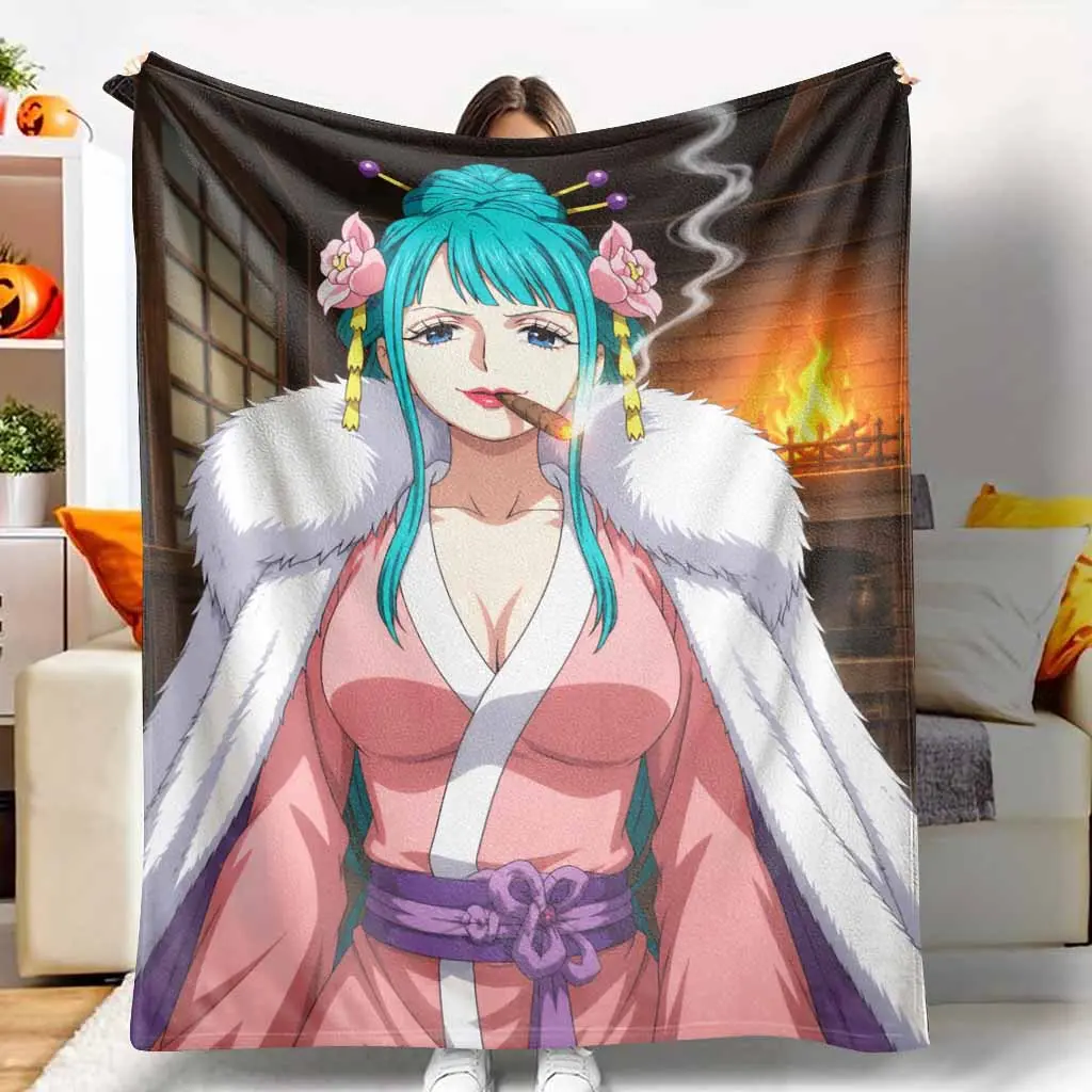 Anime Print Flannel Blanket - Teal Hair Anime Woman Art, Floral Kimono & Fur Cloak Design, Flannel Fabric, Soft Cozy Warm Durable Fade Resistant, Multi-Size for Living Room Home & Travel Gifts Decor
