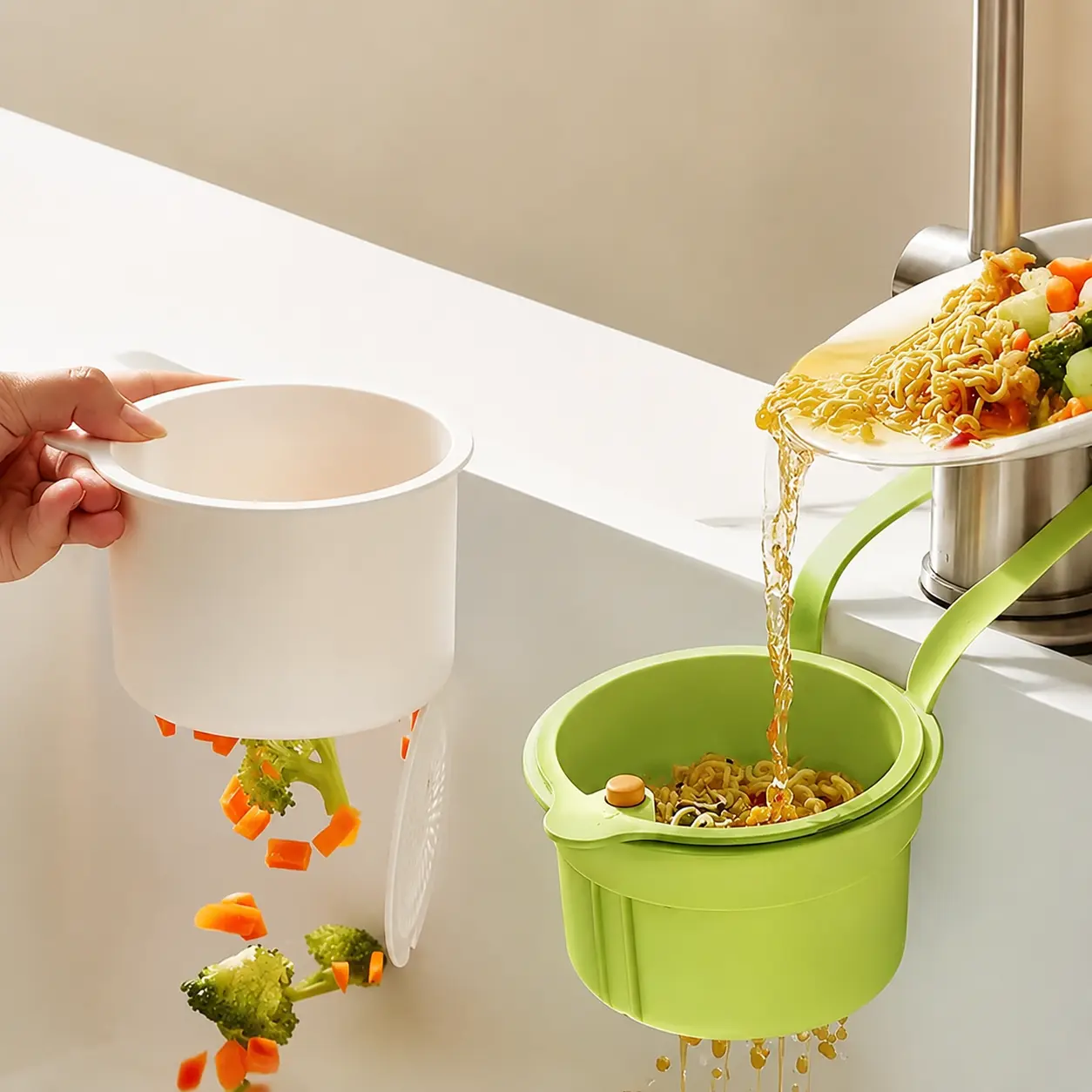 Green Clip-On Sink Draining Basket - 2-in-1 Hanging Kitchen Strainer & Vegetable Colander, Compact Fit, Quick Install, 1-Press Dump, Removable Filter, No Tools Needed, Kitchen Cleanup Home Supply Essential
