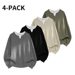 2026 new style high-end round-neck sweater for men, spring and autumn fake two-piece loose casual top, heavyweight American style versatile trendy pure color top
