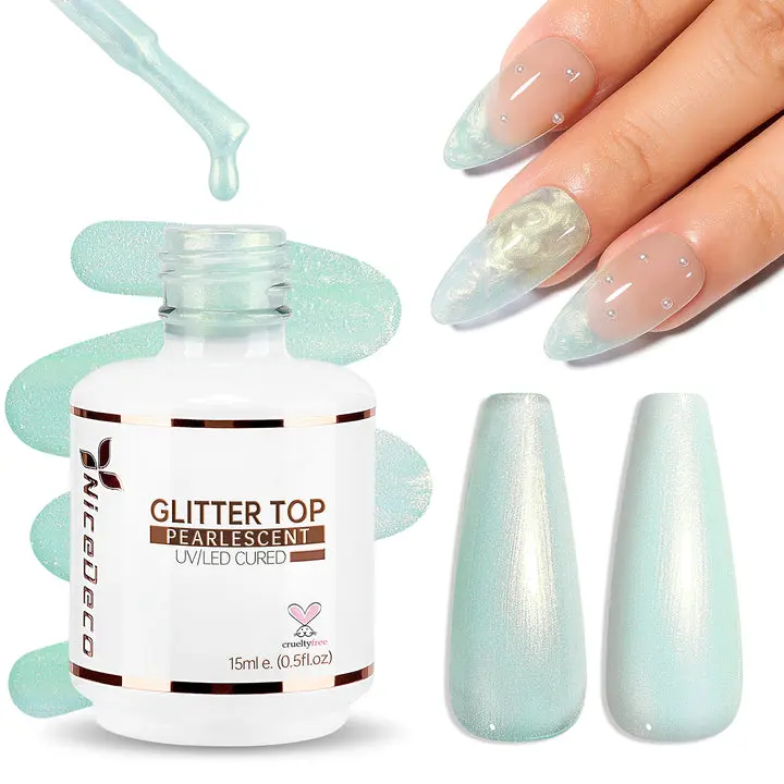 Nicedeco Gel Nail Polish Top Coat 019 - Pearlescent, Iridescent Shimmer, Manicure Nail Art with Precision Brush, Uv, Cosmetic, Nail Care, Manicures