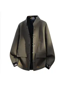 1 PC Men's Fall/Winter Fashion Short Lapel Chinese Clouds Pattern Printed New Chinese Style Collar and Sleeve Design Long-Sleeved Coat Comfortable, with Drawstrings and Pockets