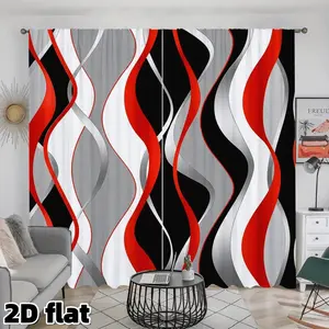 2D Flat 2Pcs Modern Wave Pattern Curtains Red Black Gray Abstract Design Rod Pocket Semi Sunshade Polyester Fabric Panels Window Drapes Living Room Bedroom Office Window Treatment Home Decor Privacy Protection