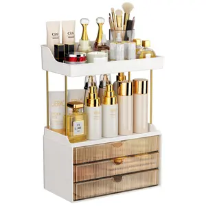 7CODE Amber Cosmetic Organizer - 4-Tier, 3-Drawer Home Storage Box for Bathroom Countertop Makeup, Skincare & Perfume
