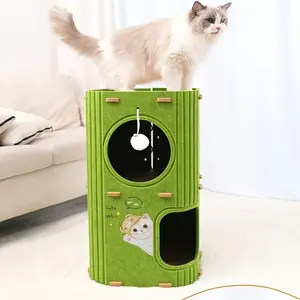 Tree hollow cat house, double-layer cave cat bed with scratching board and hanging teaser ball, comfortable felt cat villa, suitable for small indoor cats, cute cat furniture that meets cats’ needs for sleeping, hiding, and playing. Wooden Kennel