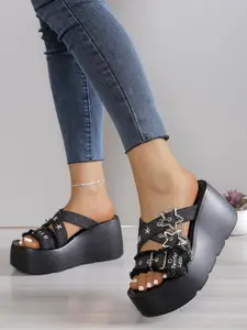 Women's 9CM Ultra High Platform Slide Sandals | Y2K Punk Street Style | Denim Frayed Edge Star Hardware Chain Decor Non-slip Wedge Sole Slip On Sandals | For Ladies Daily Wear Beach Vacation Music Festival Rave Party
