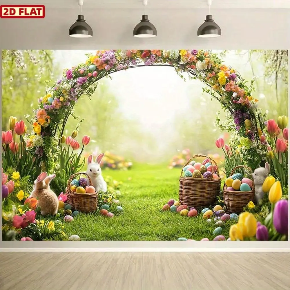 1pc Durable Polyester 2D Flat Fabric Easter Bunny & Spring Floral Arch Backdrop Wall, Vivid Print Banner with Colorful Eggs, Multi-Size Option for Easter Egg Hunt, Photo Booth & Home Festive Supplies