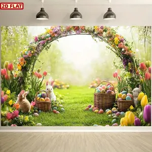 2D Flat, 1pc Easter Bunny and Spring Floral Arch Background Wall with Colorful Eggs - Vivid Spring Scenery 2D Flat Banner, Suitable for Easter Egg Hunt, Baby Showers, Spring Parties - Durable