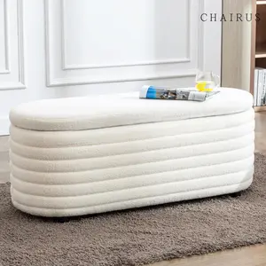 CHAIRUS 45" Storage Ottoman Bench, Upholstered Teddy Fabric Storage End of Bed Bench,Modern Teddy Ottoman Stool,Ottoman Stool with Safety Hinge,Storage Bench with Seating for Bedroom, Living Room, Entryway, Closet,White