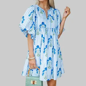 S-4X Plus Size Sky Blue Floral Striped Print Bubble Shortsleeve Dress - 100% Polyester, for Curvy Figures, 2026 Spring Summer Casual Wear