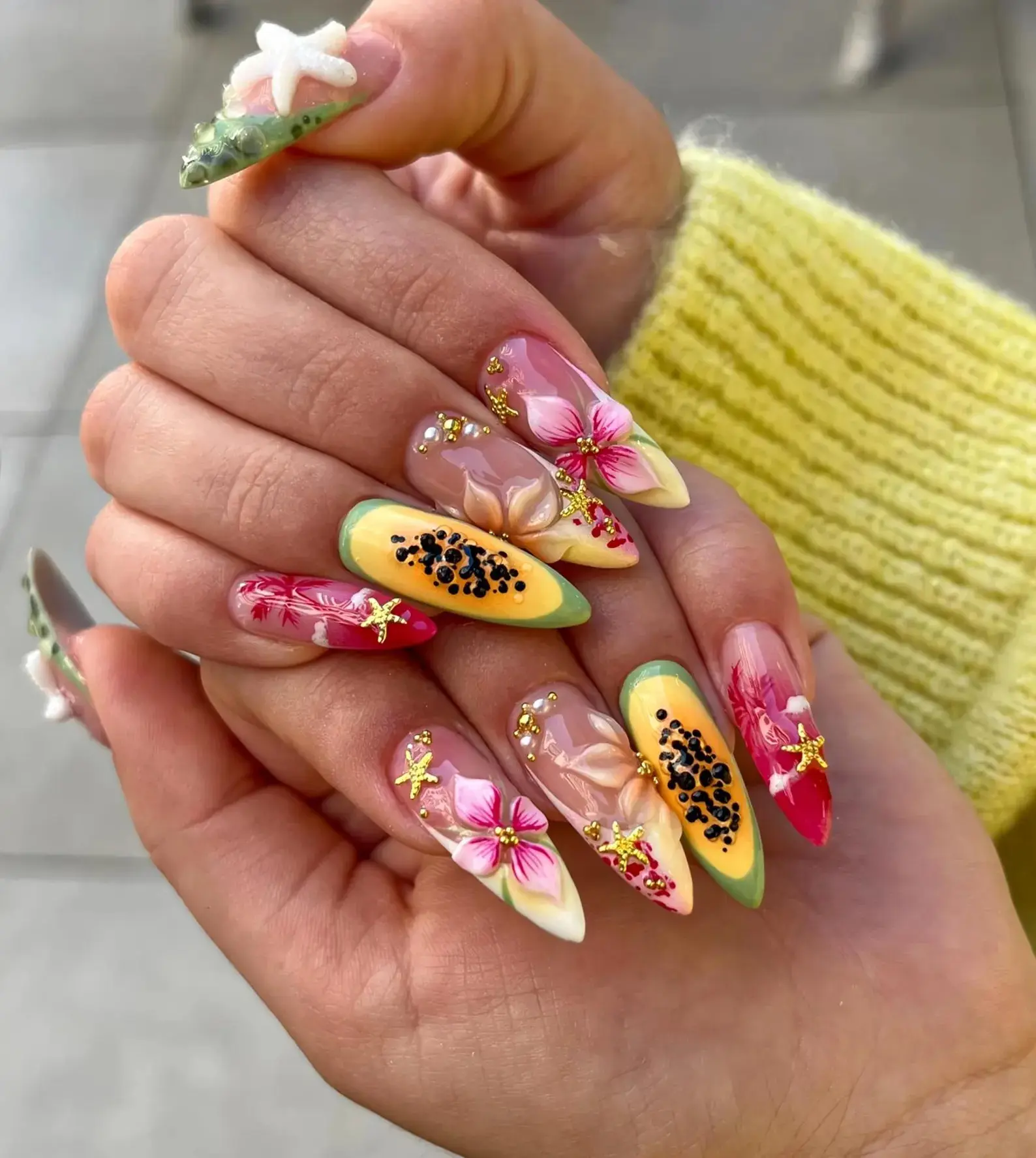 3D Papaya & Hibiscus Floral Fake Nails, Tropical Summer Press On Nails, Handcrafted Exotic Botanical Vacation nails