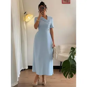 Women Elegant Slash Neck Asymmetrical Ruffle Hem Short Sleeve A-Line Midi Spring Summer Dress
