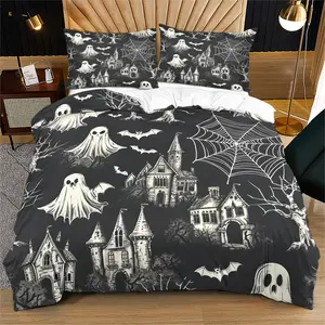 Halloween Decorative Bedding Set Ghost Castle Bat Web Pattern, Includes Duvet Cover and Pillowcases, Perfect for Halloween Decor