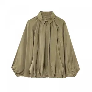 Women’s Padded Bomber Jacket, Casual Batwing Sleeves, Lapel Collar, Zip-Up Shirt Style, Oversized Pleated Streetwear Jackets, Women’s Coats, Tops, Outerwear