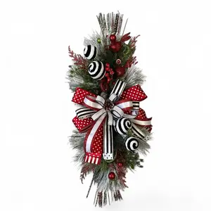 Christmas Swag Wreath, Christmas Swag Wreath Red Black White, Holiday Decor, Vertical Teardrop Wreath, Christmas Bow Wreath