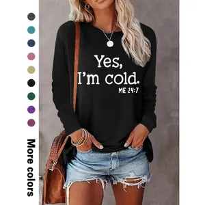 Women's Letter Print Round Neck Tee, Casual Long Sleeve Crew Neck T-shirt for Spring & Fall, Fashion Women's Top for Daily Wear, Summer