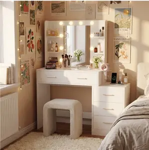 Makeup Vanity Desk with LED Lights, Mirror & Power Outlet, Dressing Table with 4 Shelves and 5 Drawers, Vanity Set & Nightstand for Bedroom, White