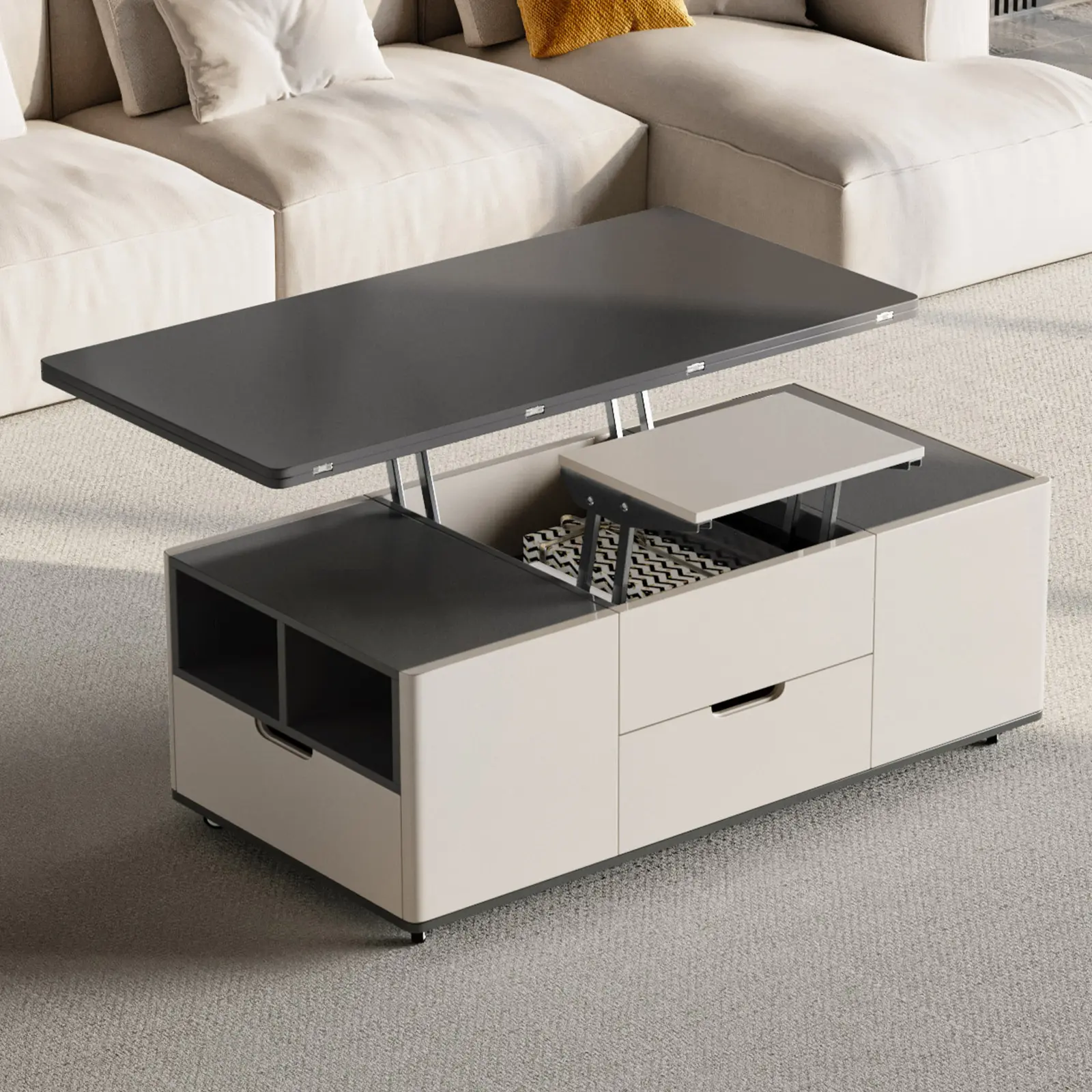 Guyii 3-in-1 Multi-Function Lift-Top Coffee Table with Hidden Storage, 4 Matching Stools, Adjustable Height, High-Quality Boards, Modern Extendable Living Room Tables, Dining Centerpiece, 100% Satisfaction Guarantee, Coffee Tables