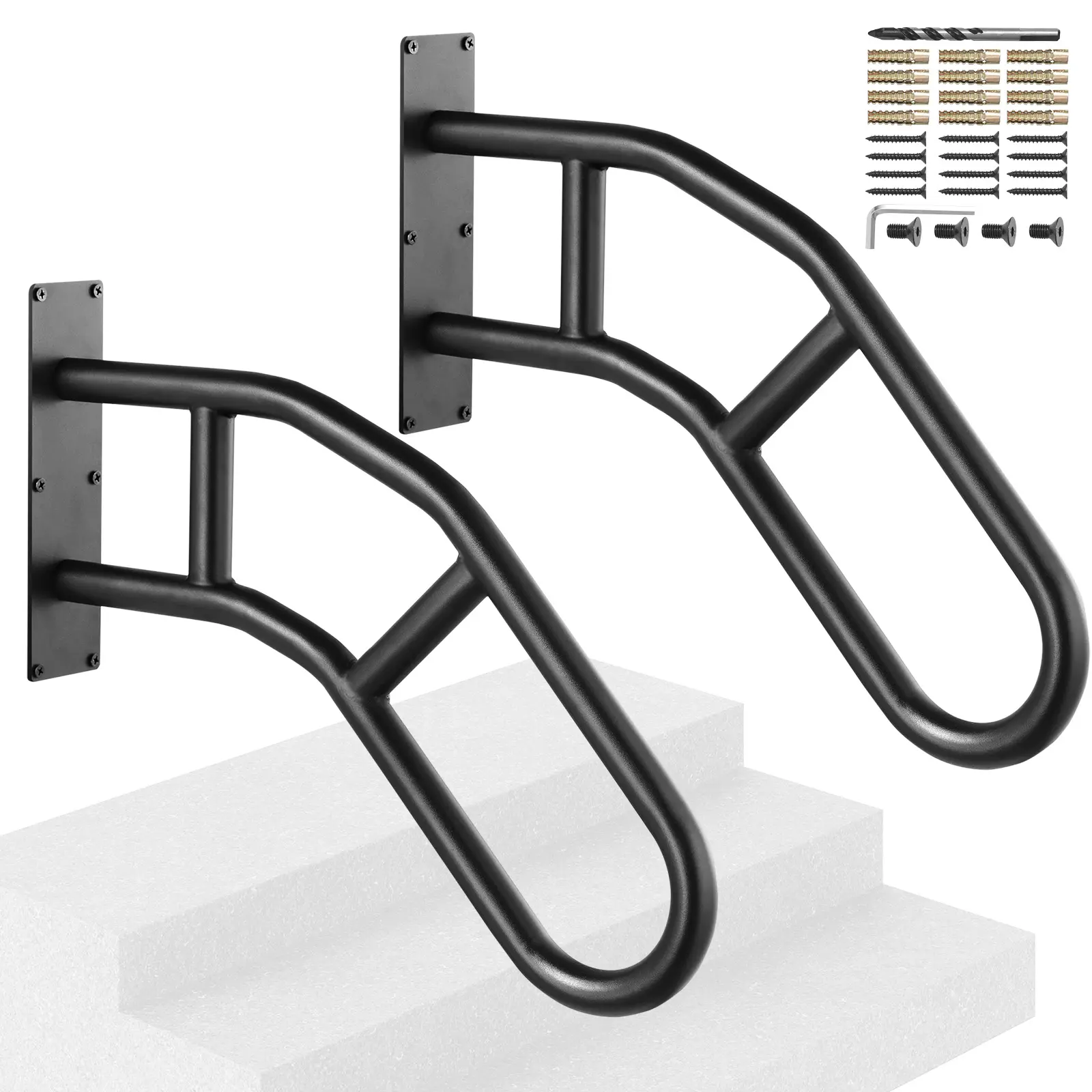 VEVOR Handrails for Outdoor Steps,  29" Length Wall Mount Safety Railings for 1-3 Steps, U-Shaped Handrail with Matte Black Finished, Stair Handrails for Kids, Elderly, Pregnant Women, Disabled 2 PCS