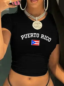 Puerto Rico Flag Graphic Crop T-Shirt for Women, Retro Varsity Style Vintage Baby Tee, Trendy Y2K Streetwear Cropped Top for Casual Outfits